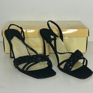 Michaelangelo Amy Black Beaded Strappy Sandal Heel Size 7.5 Leather Sole